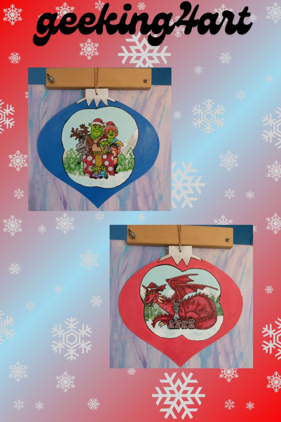 Two Sided Hand Painted Wooden Christmas Scene Ornaments