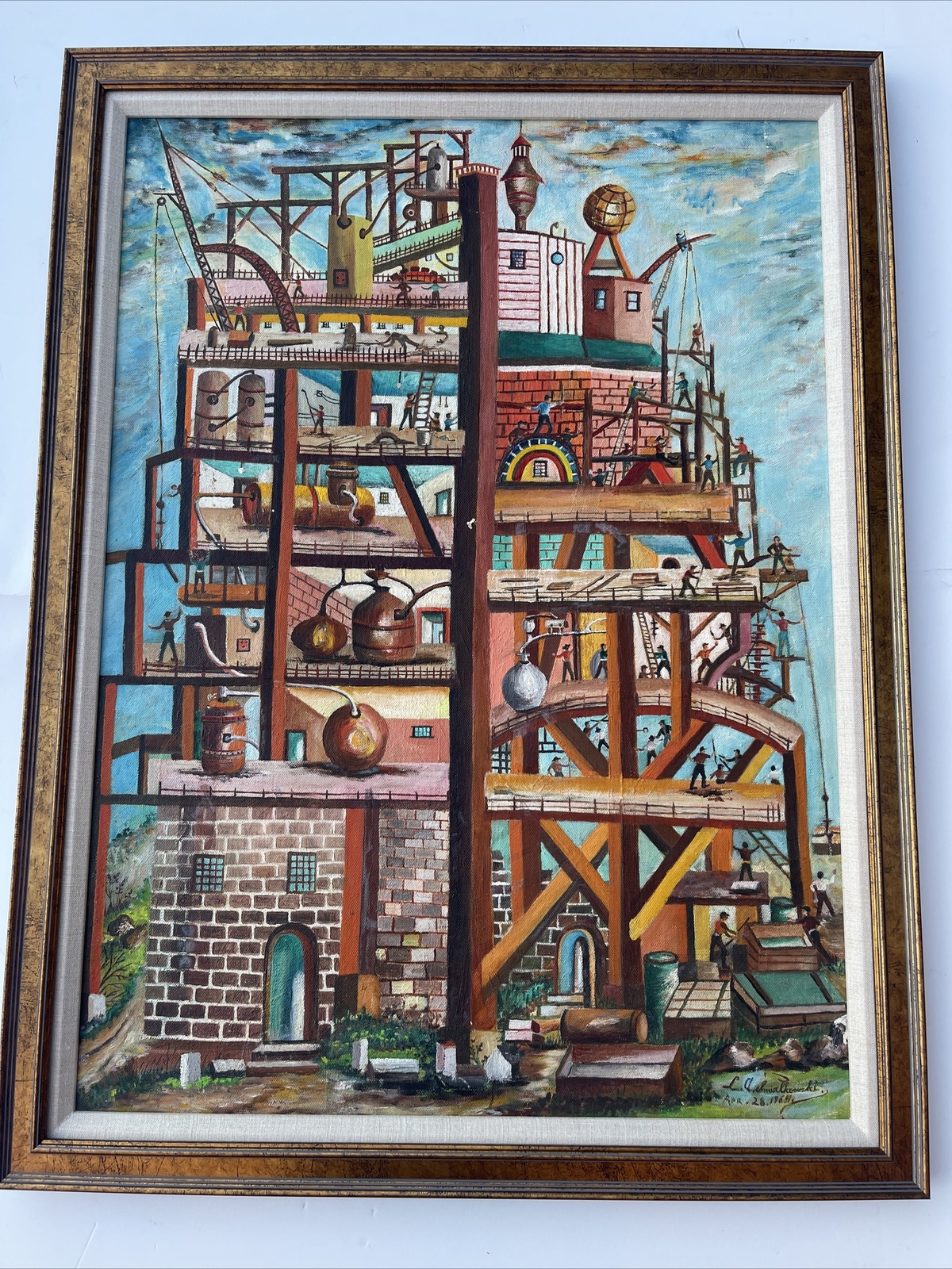 Vintage Industrial Painting Construction Workers Factory Urban Modernism Listed