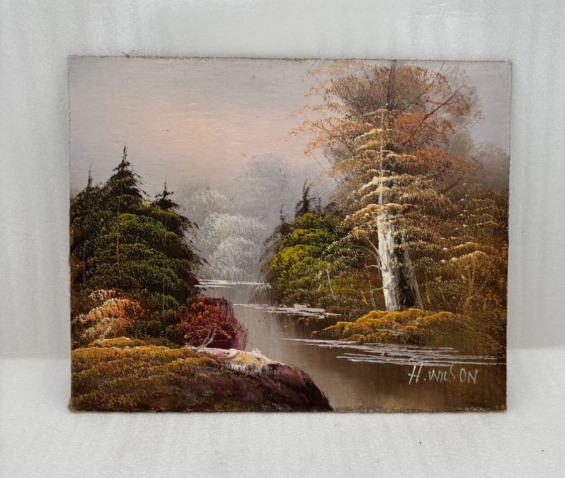H. Wilson Impressionist Landscape Painting Oil on Board Signed Bottom R 10″x 8″