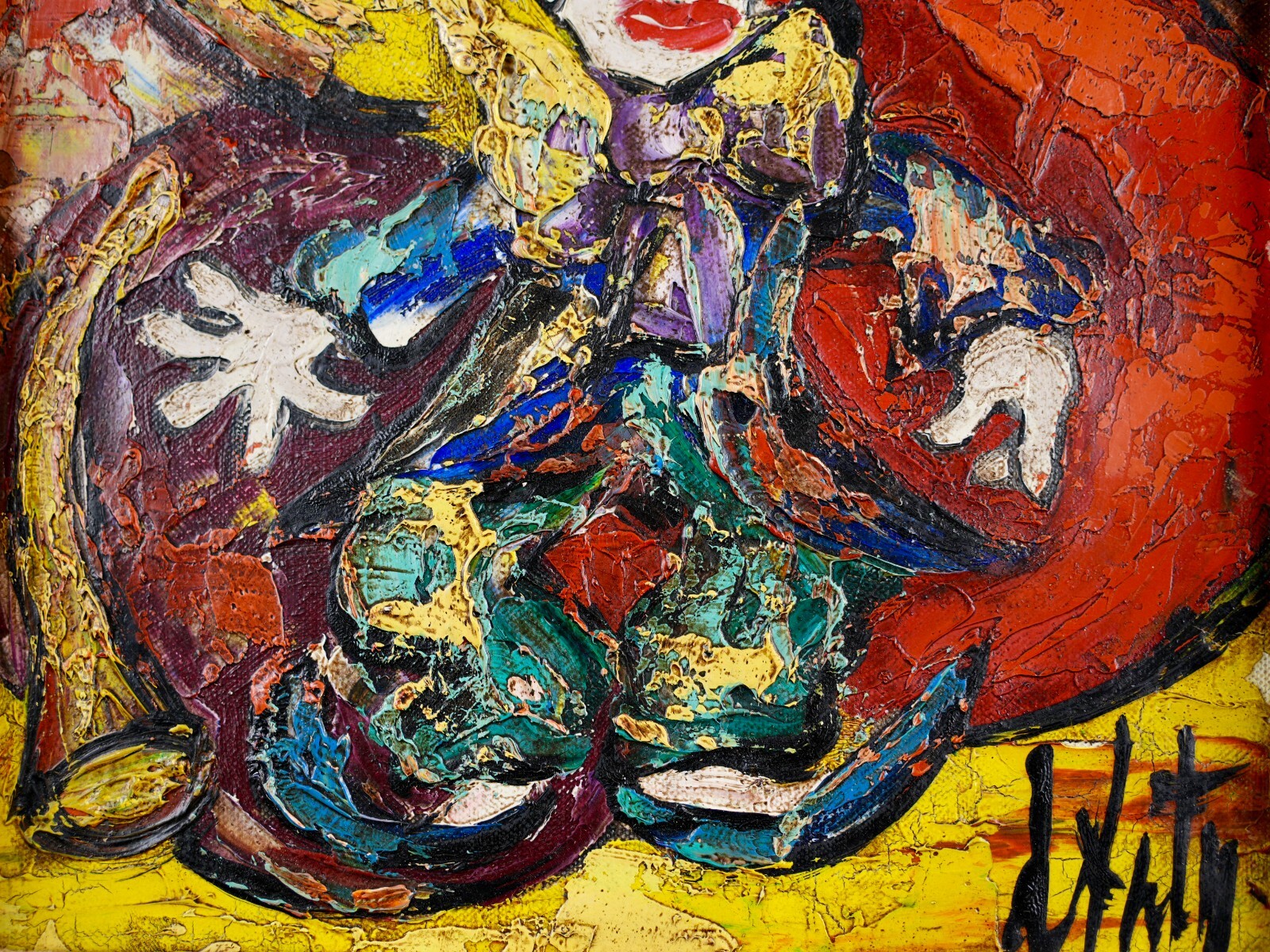 Vintage Original Expressionist Oil on Canvas «Clown Dancer» By Henry D’Anty