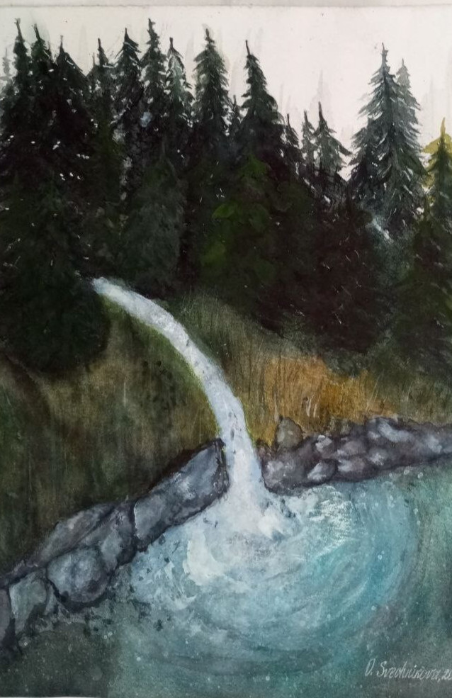 original watercolor landscape on watercolor paper «At the forest stream»PAINTING