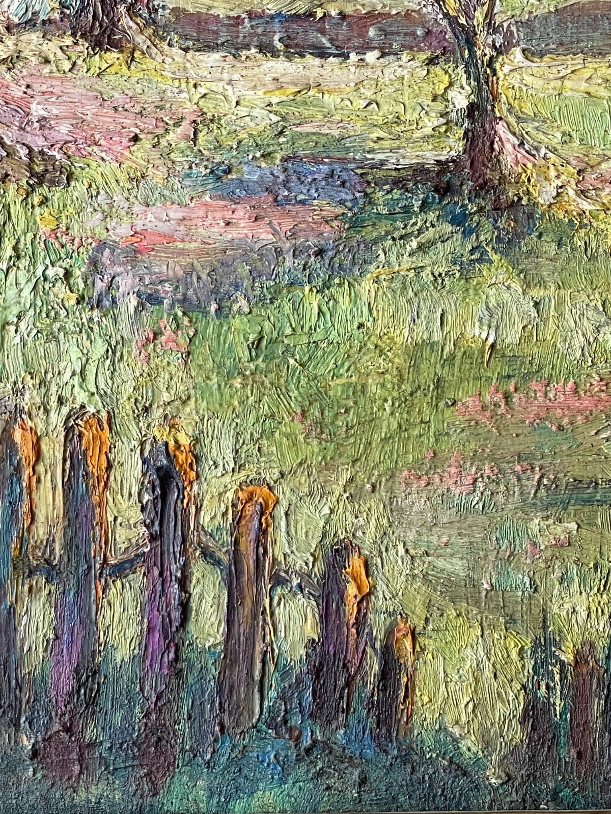 Antique Impressionist Oil Painting Panel Manner Pissarro Countryside in Spring