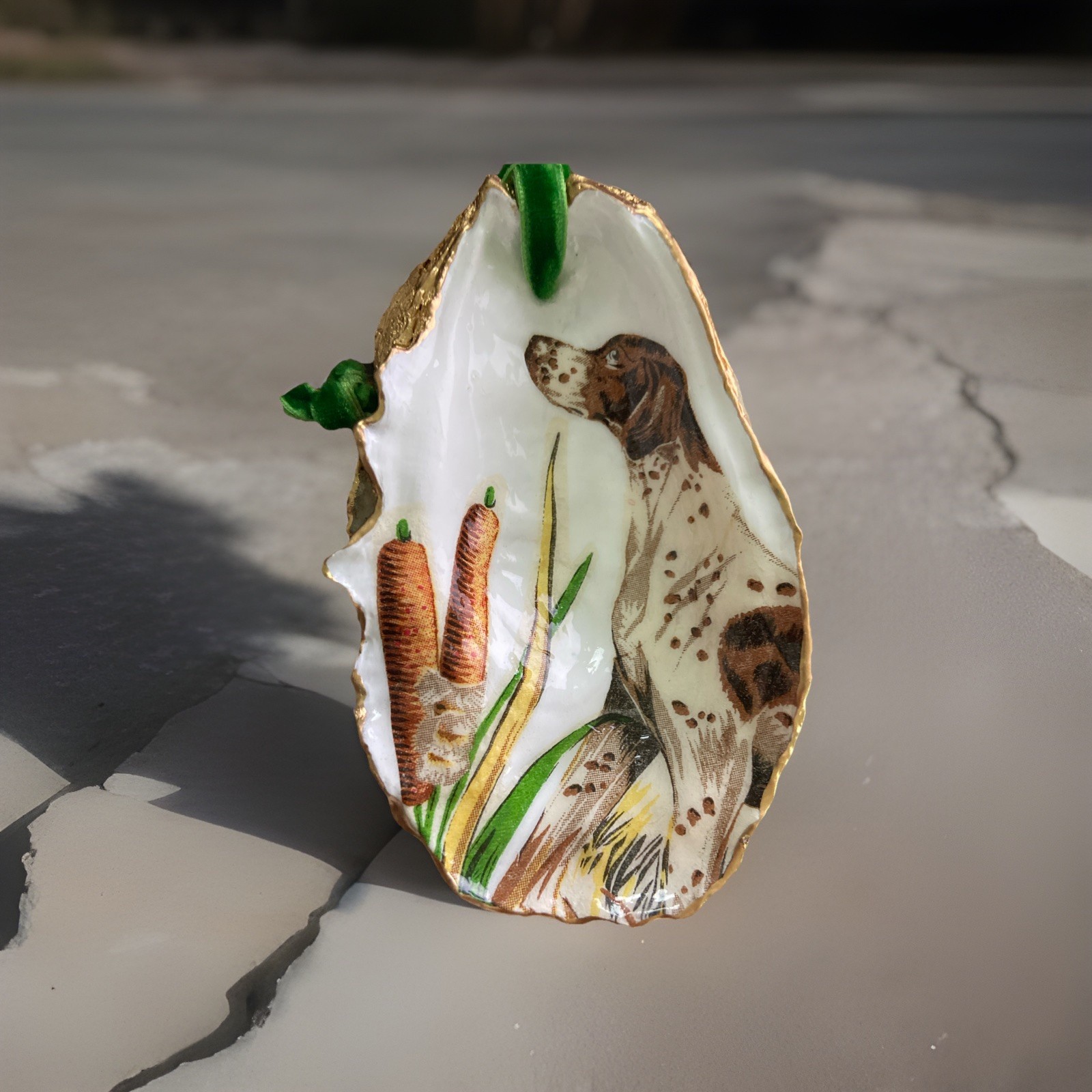 German Short haired Pointer On Oyster Shell Art Hanging Ornament