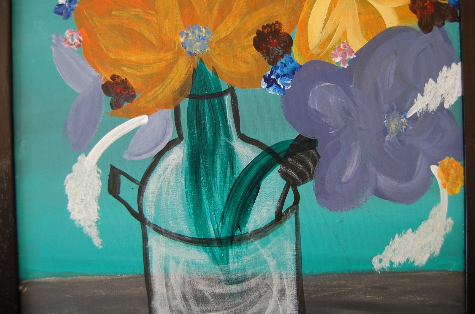 ORIGINAL FRAMED ACRYLIC MODERN ABSTRACT PAINTING OF FLOWERS ON VASE A STILL LIFE