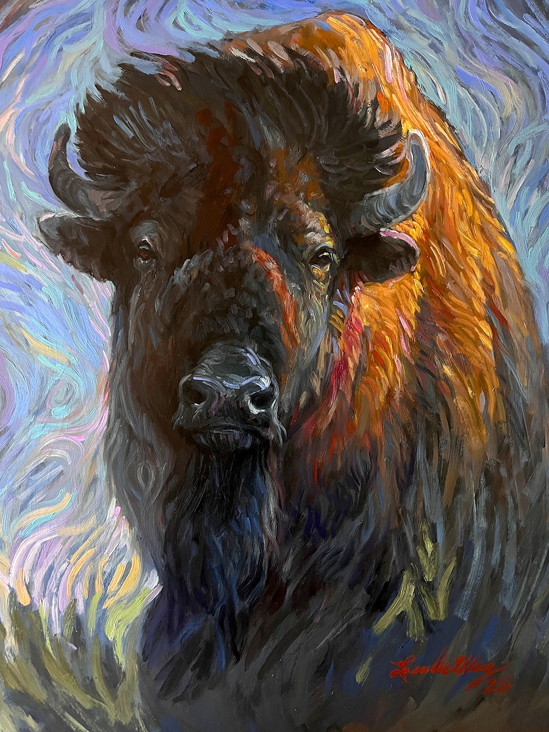 Original OIL painting BUFFALO Bull SUN WIND STORM bison Landscape ABSTRACT 20×16