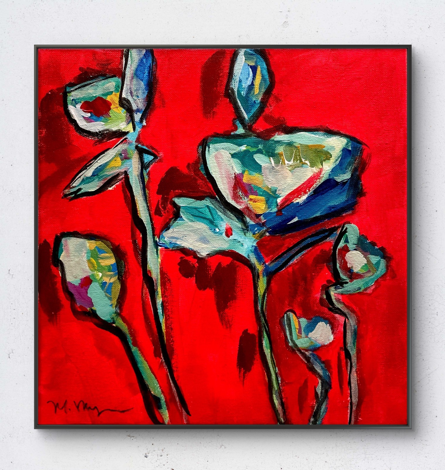 Original Abstract Floral Painting 12×12 Canvas Red Background Blue Green Flowers