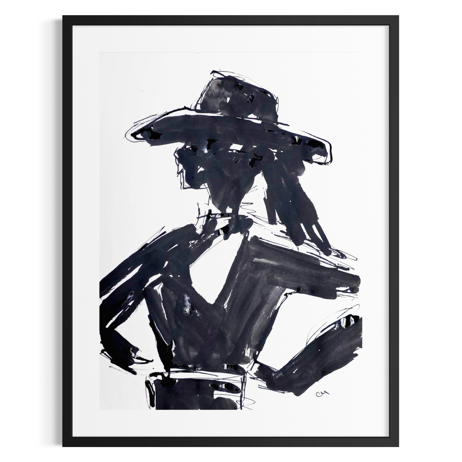 Original Minimalist 9×12 Acrylic Cowgirl Painting Black White Paper Signed Art