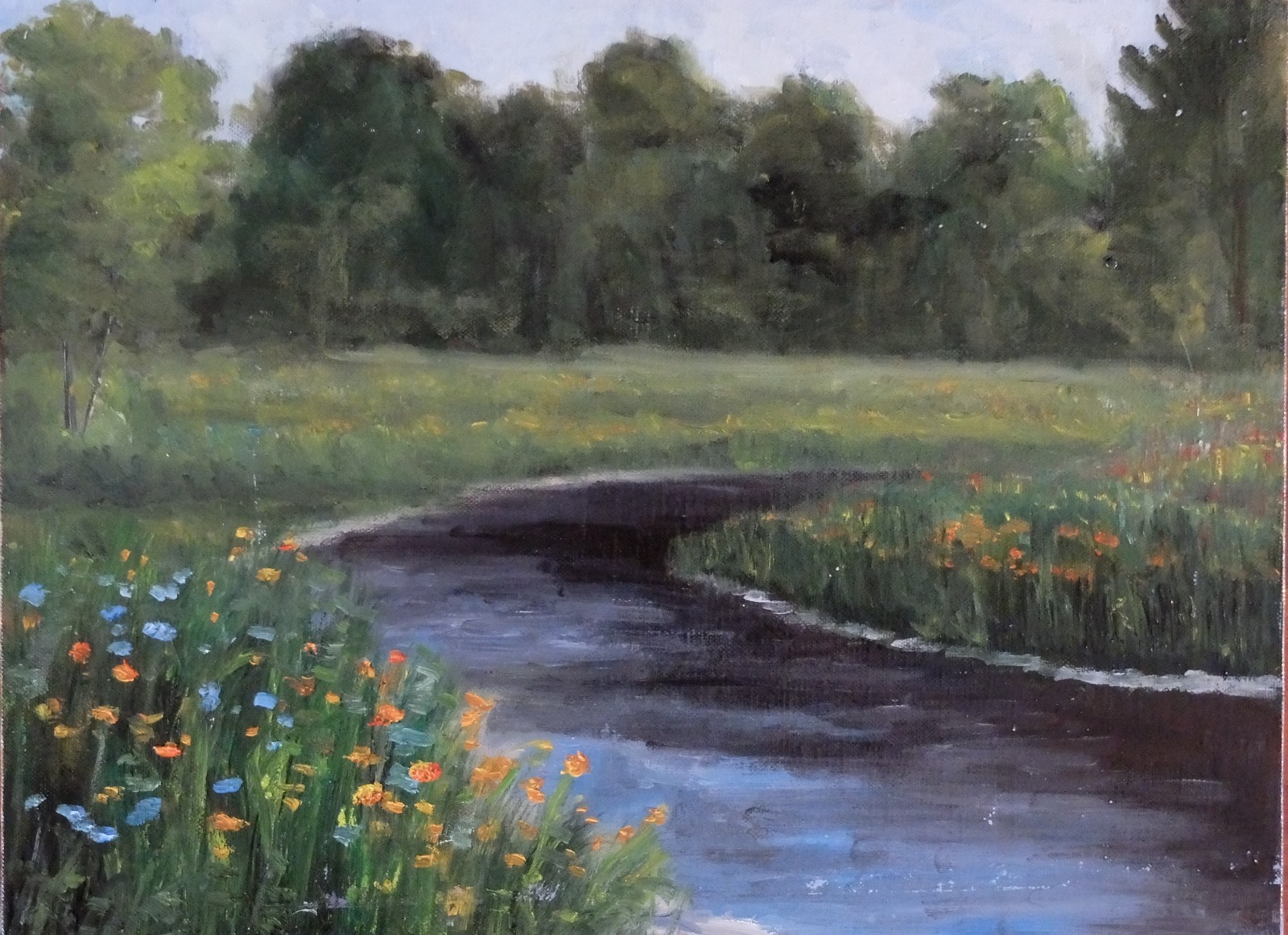 Original landscape oil painting, new, signed, sunset, fields