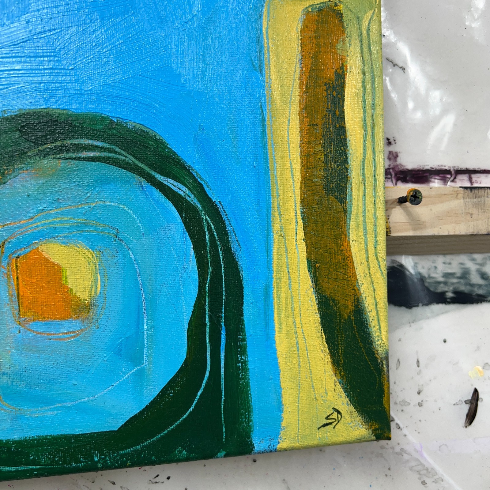 Modern Abstract Expressionist Painting Green Blue Yellow | 12×16 Art On Canvas