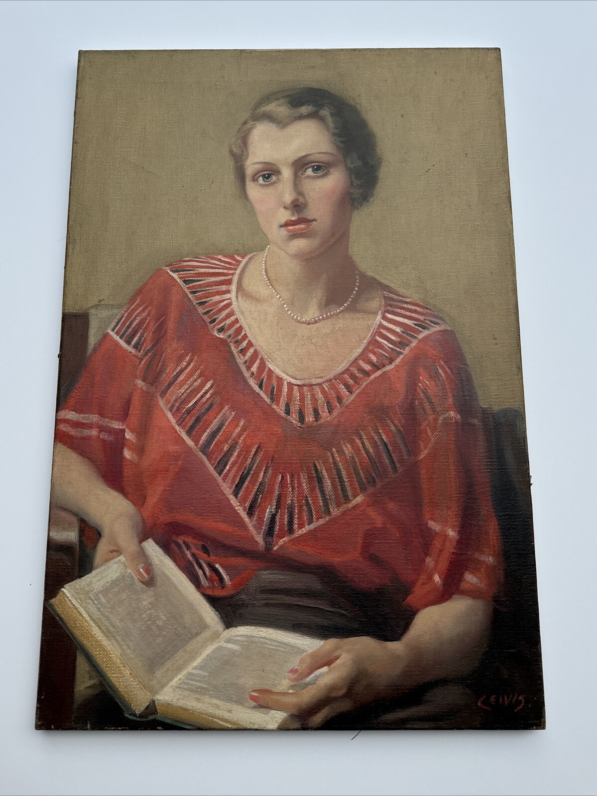ANTIQUE PORTRAIT PAINTING PRETTY WOMAN FEMALE MODEL OIL ART DECO SIGNED LEWIS