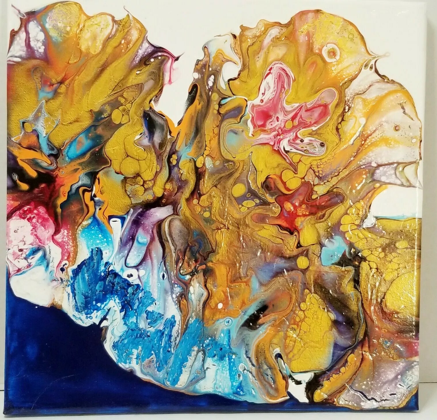 Original Abstract Fluid Art Pour Painting On Canvas Marigold 12in× 12in ×0.5 in