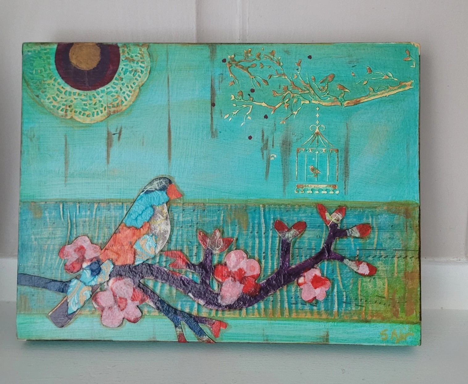 Original Signed Mixed Media Abstract Art Painting Teal Bird Cherry Branch 9×12″