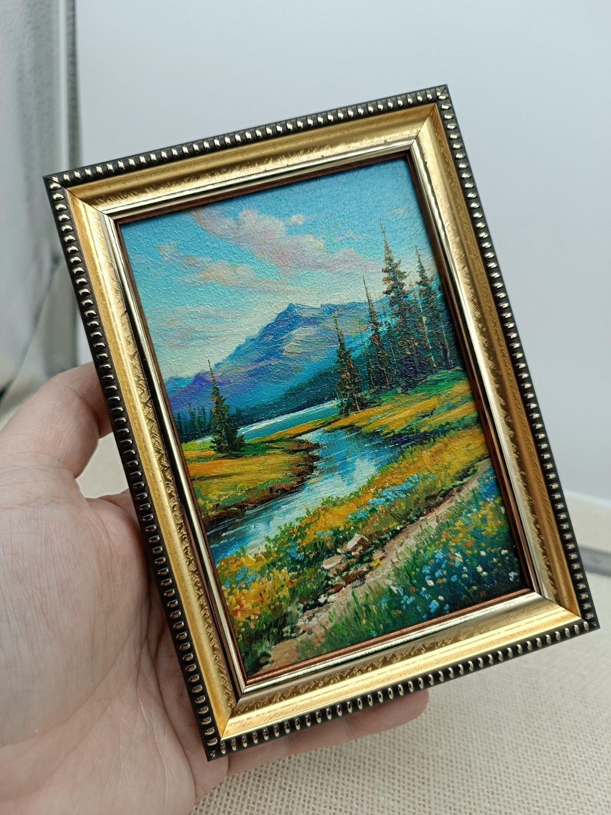 Mountain Original Oil Painting 4×6 Framed Signed River Landscape Wildlife Art
