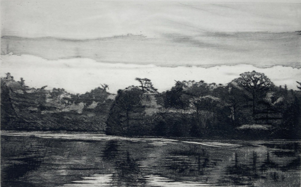 Vintage Original Etching Print Riverside Landscape Trees Kurt Wisneski Signed
