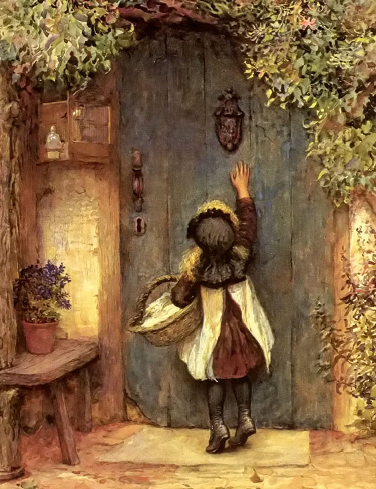 Oil painting arthur hopkins the visitor little girl Knock on the door