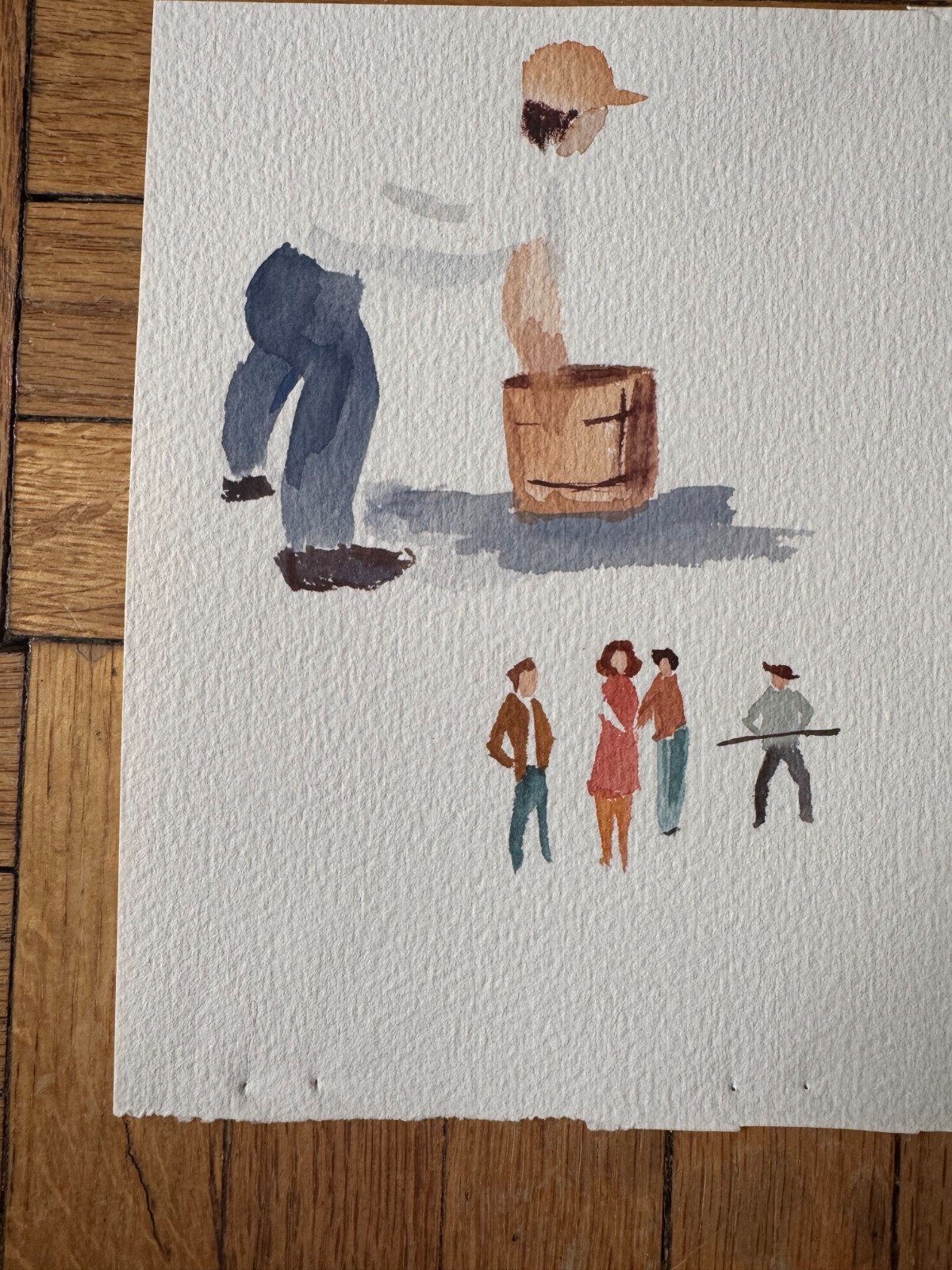 VTG 1990’s Watercolor Man Bucket an Small Group People 7.5 x 7 OOAK