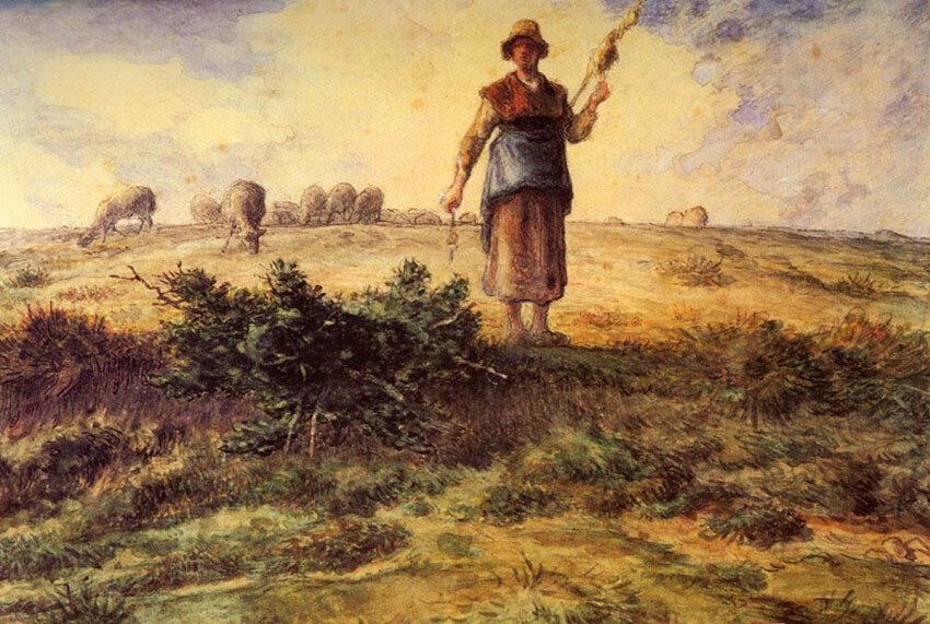 Oil painting Jean-Francois Millet – A Shepherdess and her Flock in landscape art