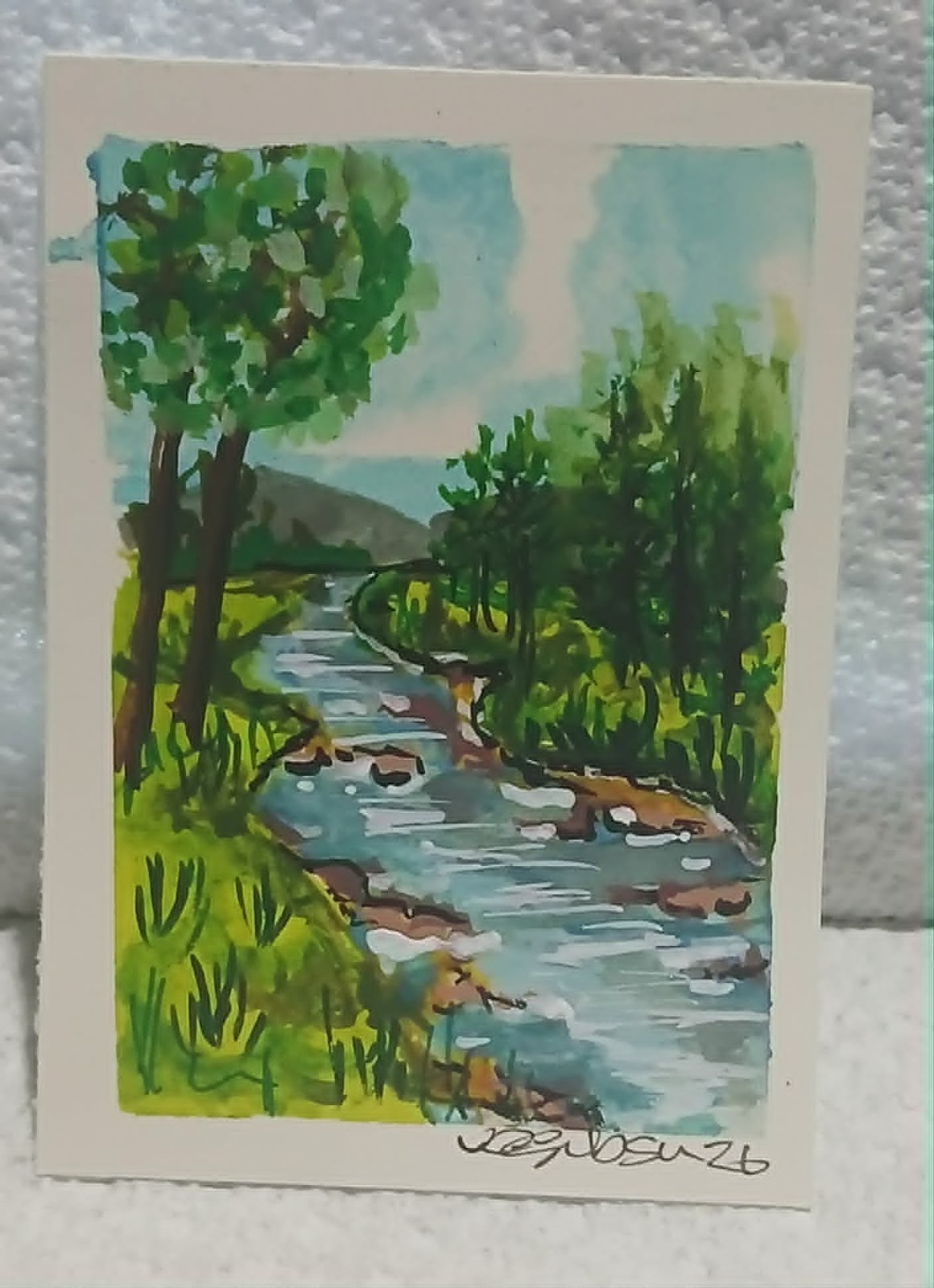 Whimsical Landscape Trees Stream ACEO OOAK Watercolor Mini Art Card