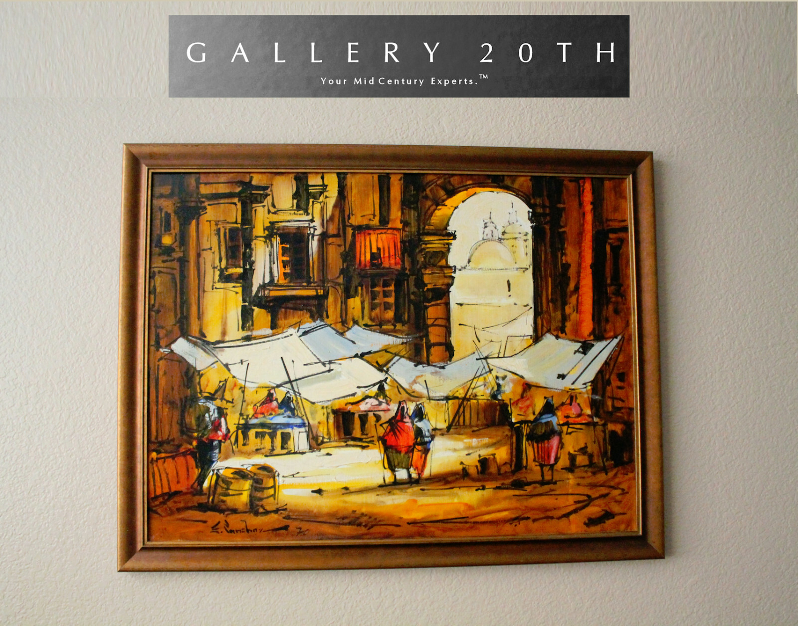 FAB! EXOTIC OLD WORLD MARKET SCENE OIL PAINTING! VTG ORIG. ART MID CENTURY BOHO