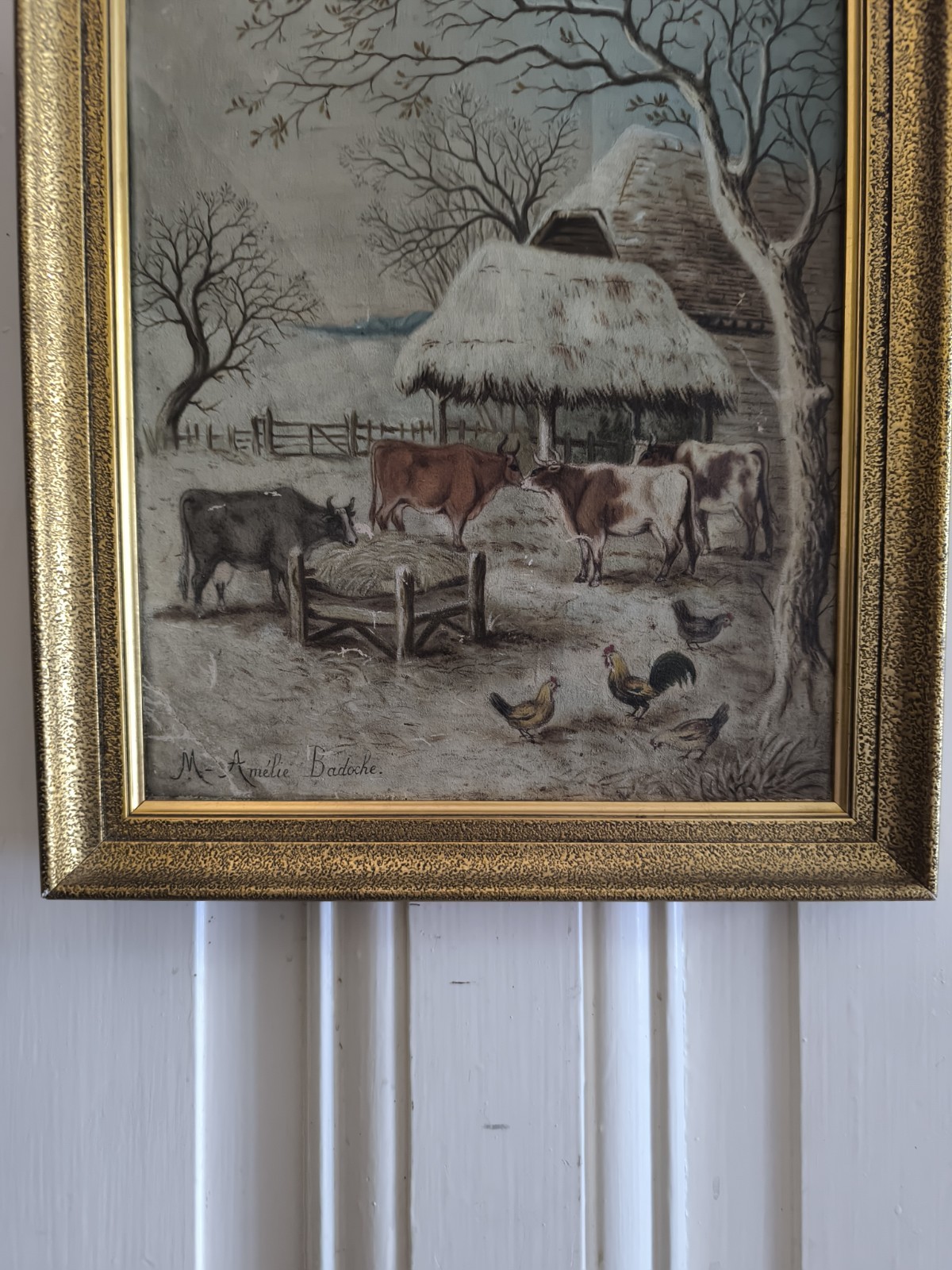 Painting Rustic Winter Soft Farm Cows Hens Vintage Charming Amelie Badoche