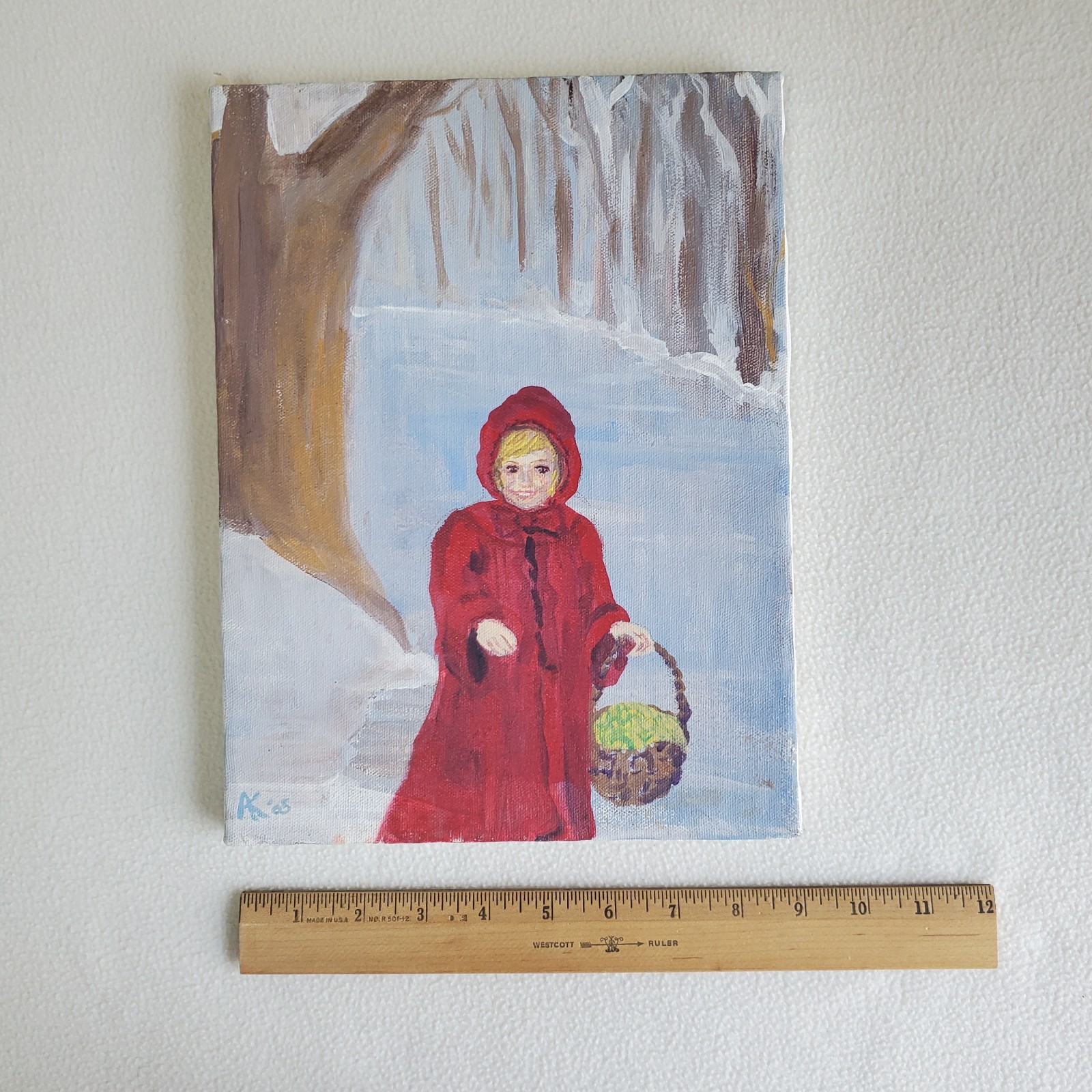 Little Red Riding Hood /Girl One of a Kind OOAK Art Painting on Canvas signed AK
