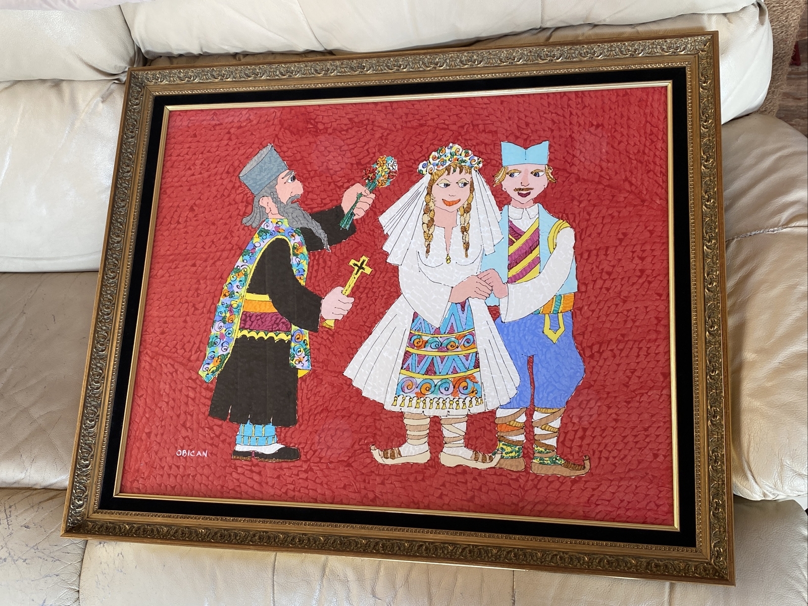 Yugoslavian Wedding Folk Art ACRYLIC PAINTING Jovan Obican (1918-1986) 32” x 26”