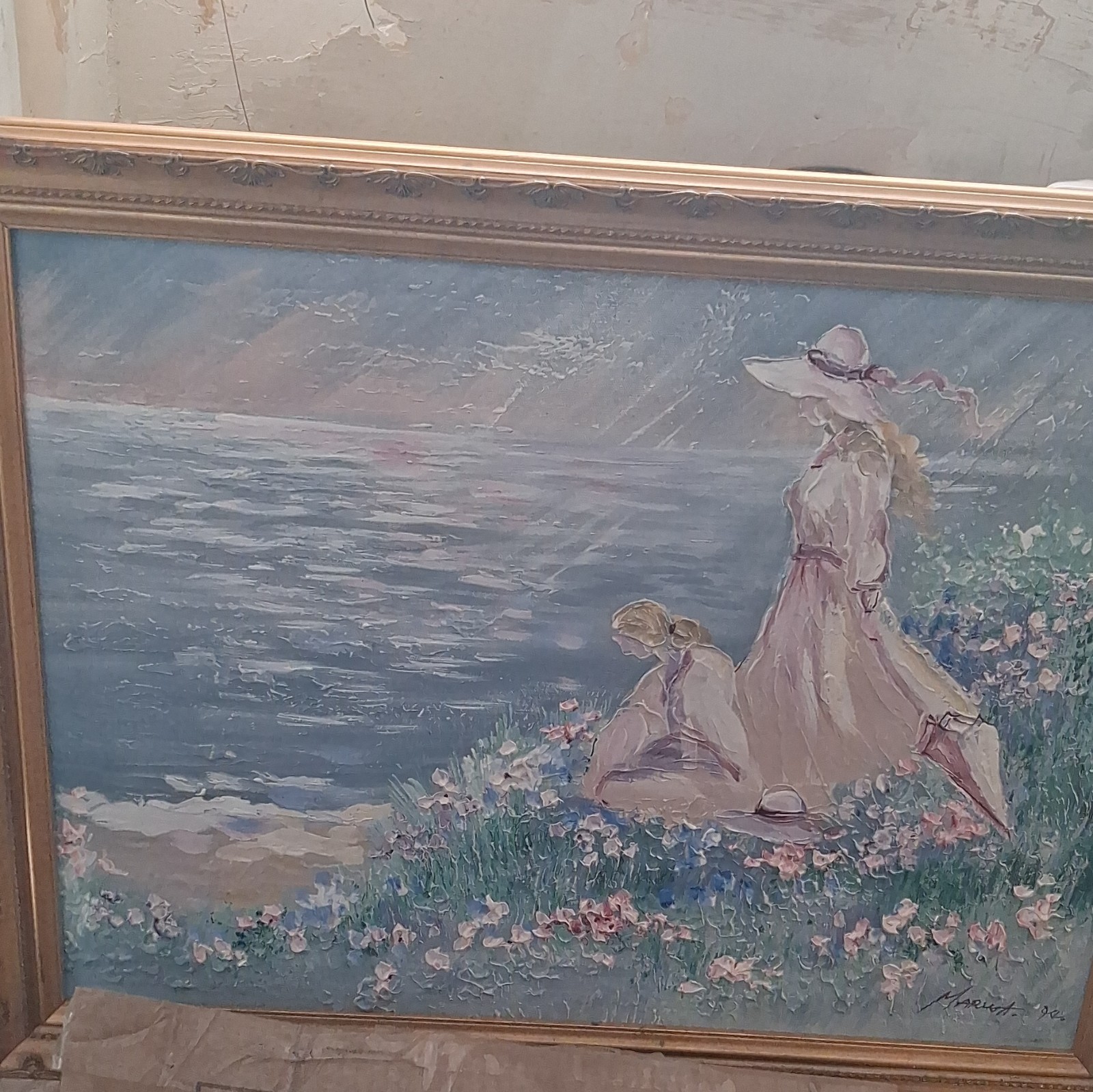 Harriet Signed Framed Impressionist Canvas Beach Seascape Woman & Child 1991