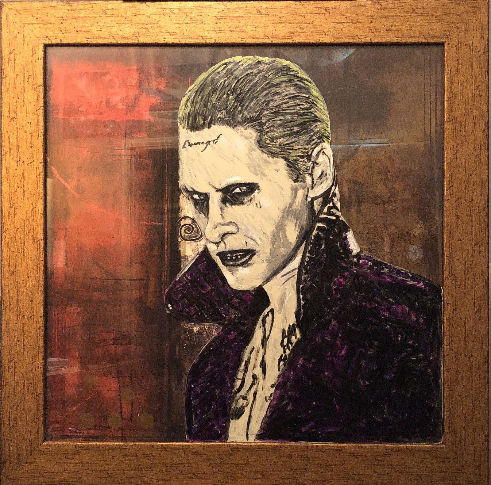 Beautiful “The Joker”, Original Abstract Painting On Glass In Wood Frame