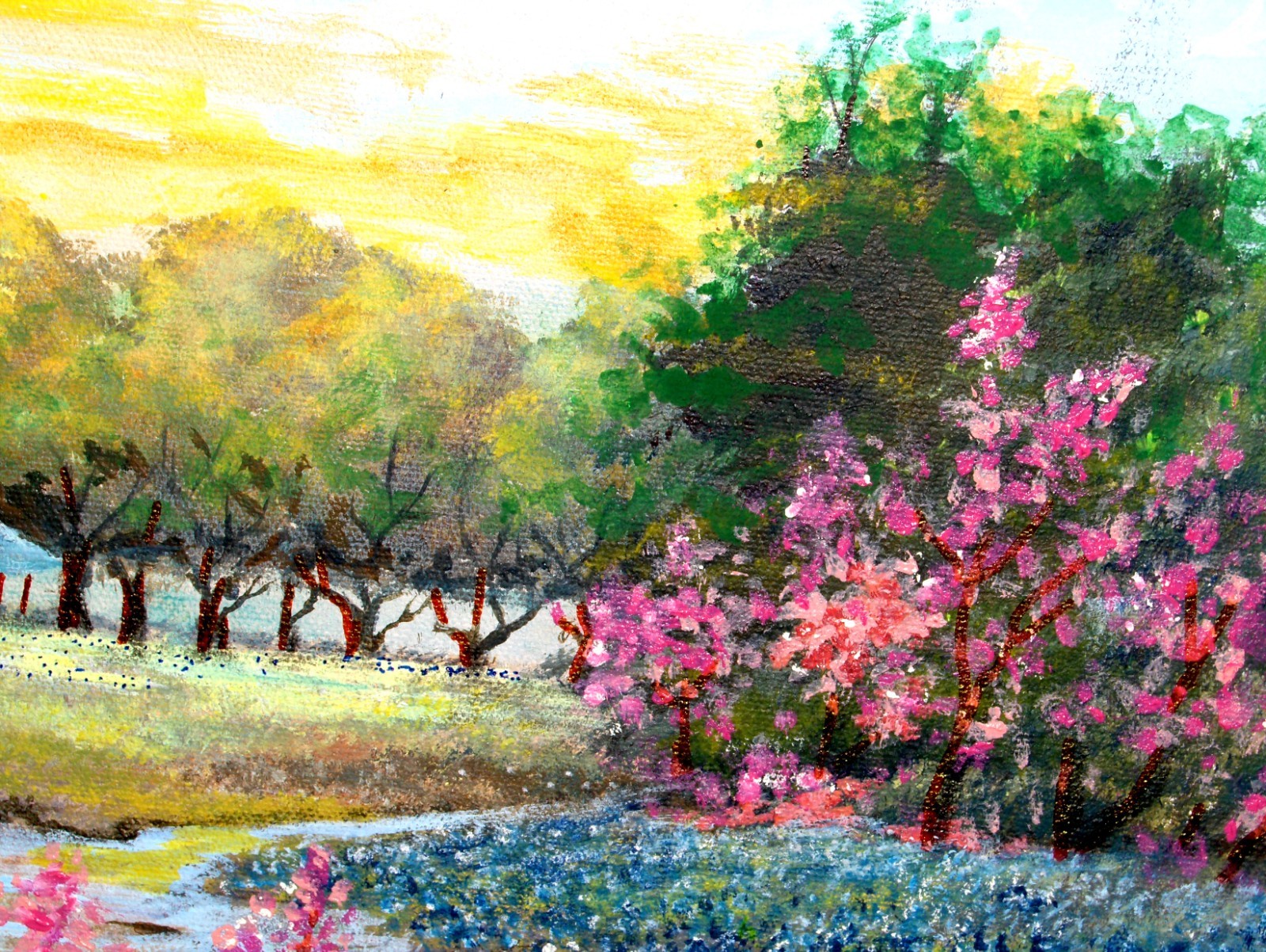 LARGE ORIGINAL Bluebonnet Landscape Barn Fence Heron Pond Blooming Tree Painting