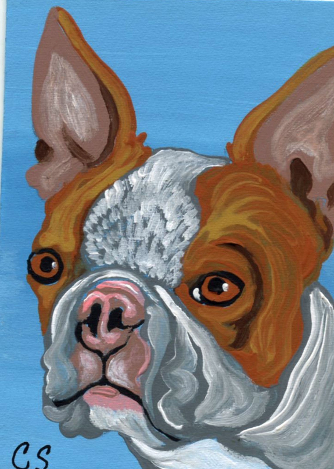 ACEO Original Painting Red Boston Terrier Dog Pet Art -Carla Smale