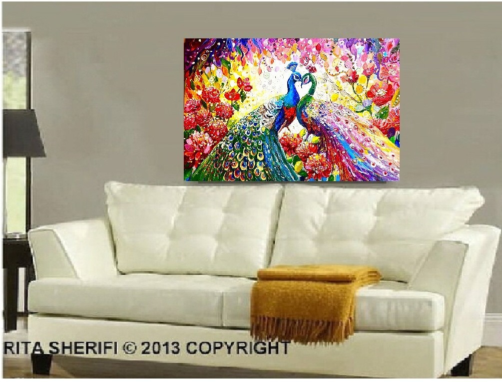 PEACOCK PAINTING . Love Wispers . PEACOCK LARGE PAINTING IN CANVAS.