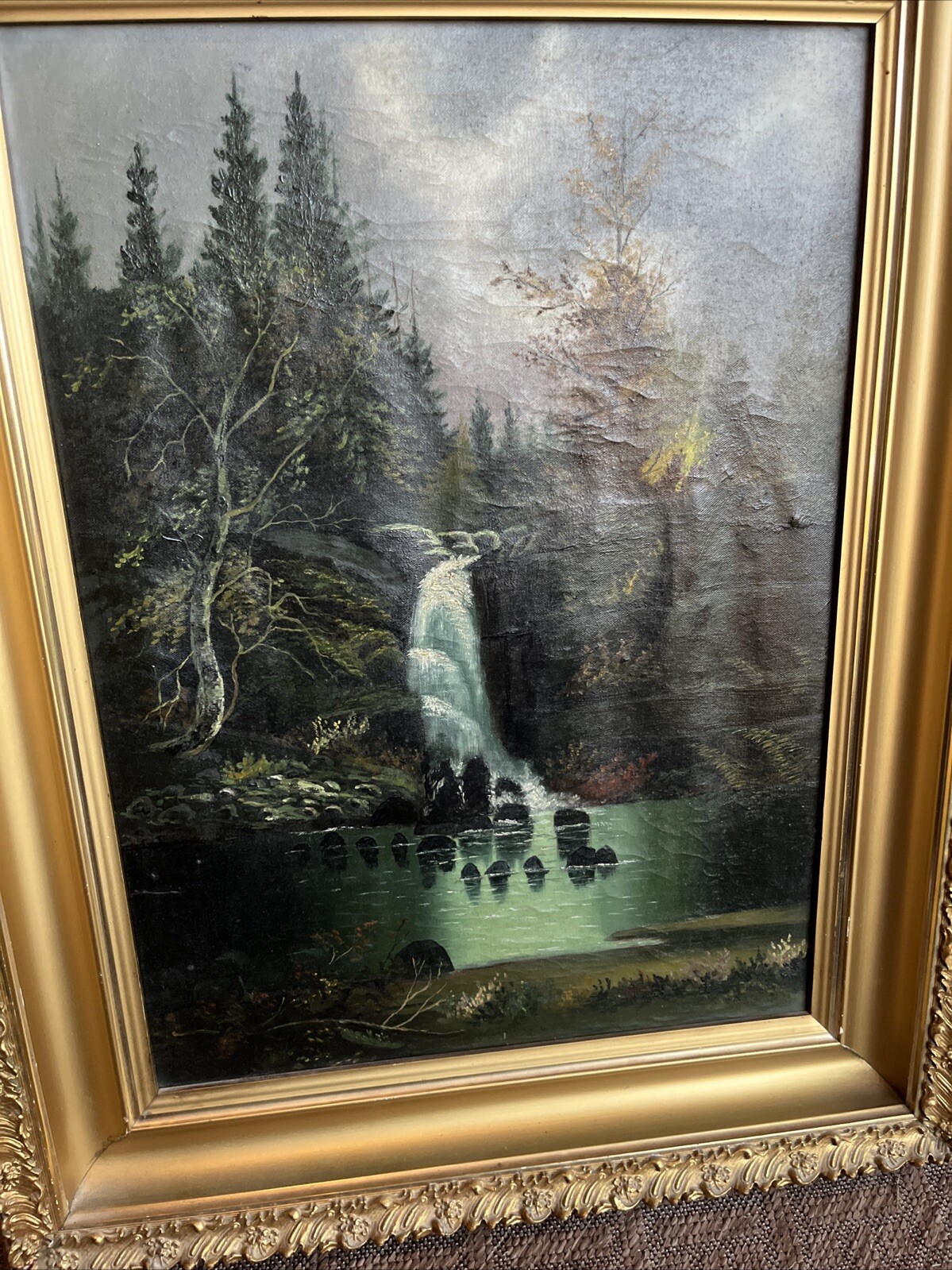 19th Century Beautiful Landscape Waterfall Oil Painting On Canvas Unsigned