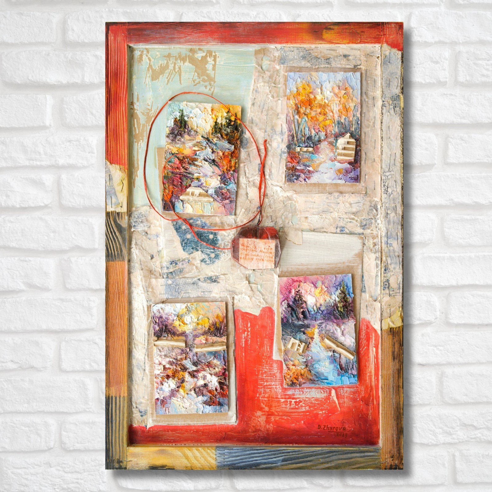 Original framed mixed media artwork; Textured oil, acrylic and textile painting