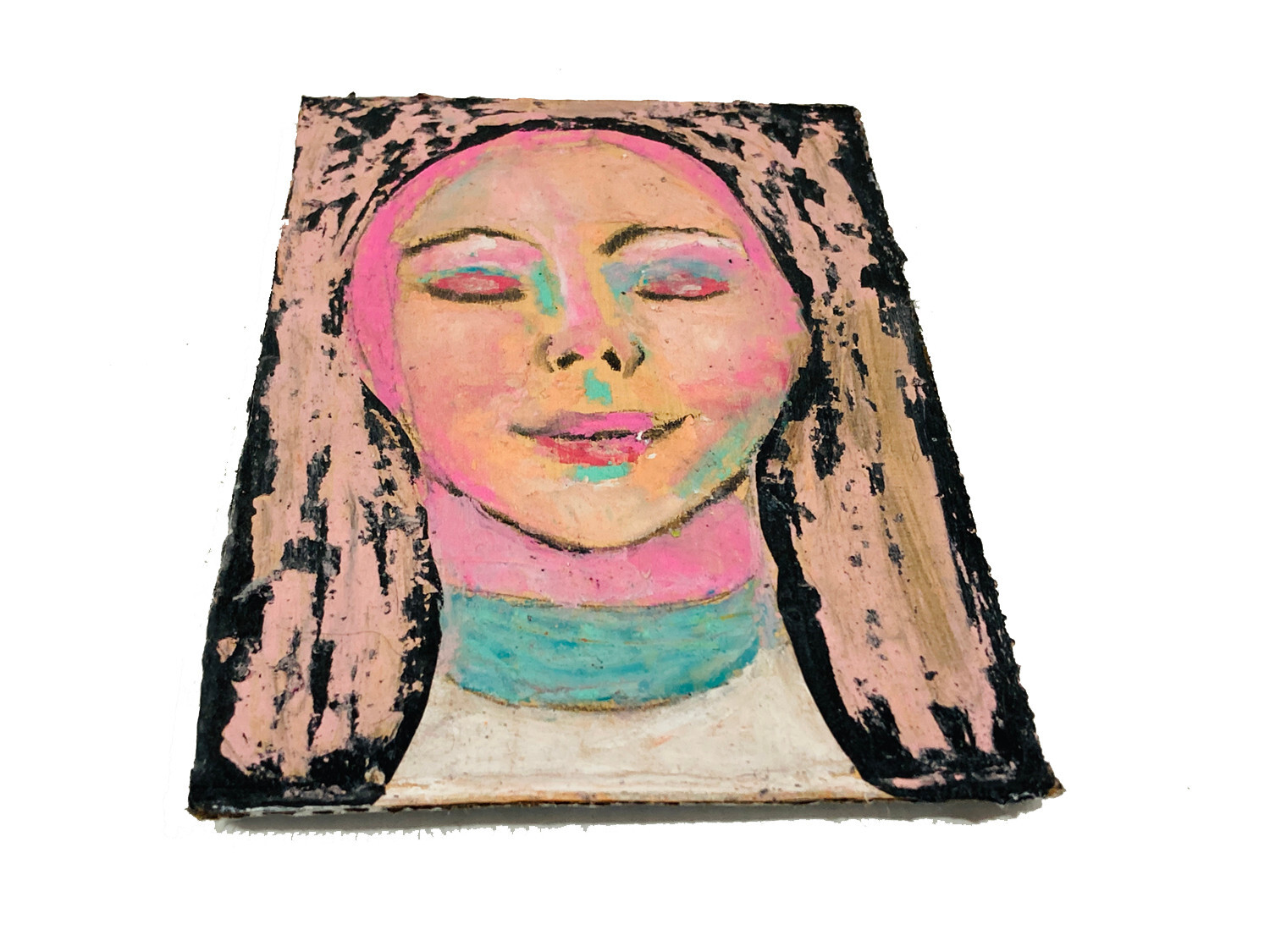 Meditating Woman Portrait Painting Pink Expressive Outsider Art Original Praying