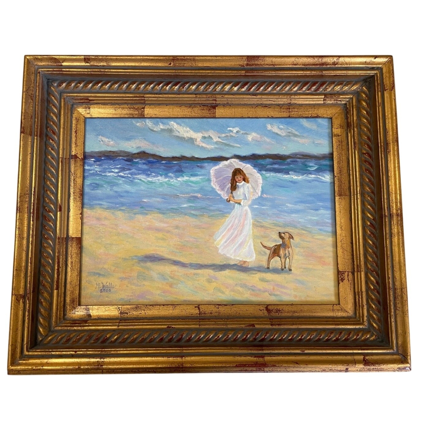 Original Oil Painting Beach Girl Umbrella Parasol Puppy Signed Framed