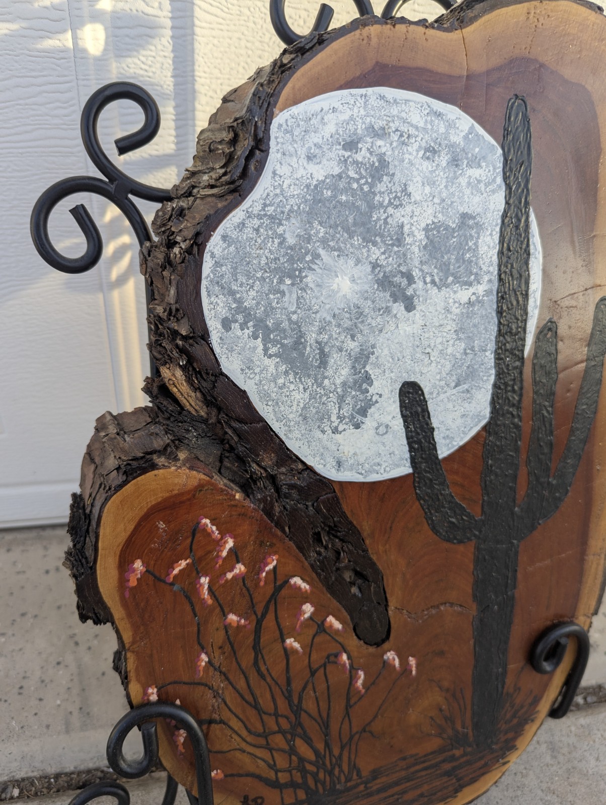 Original Southwest Desert Art Hand Painted on Live Edge Wood Slice Saguaro Moon
