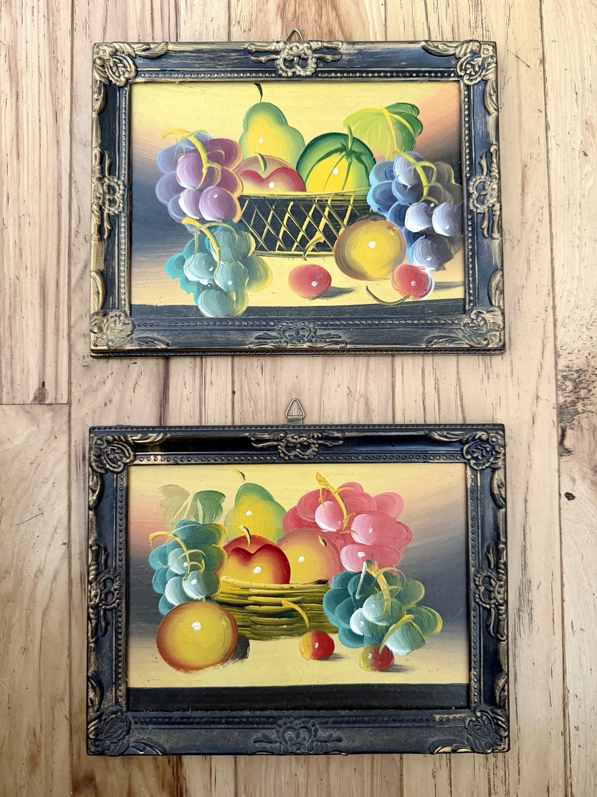 Set of 2 Vintage Original Oil Paintings of Still Life Fruit with Frames