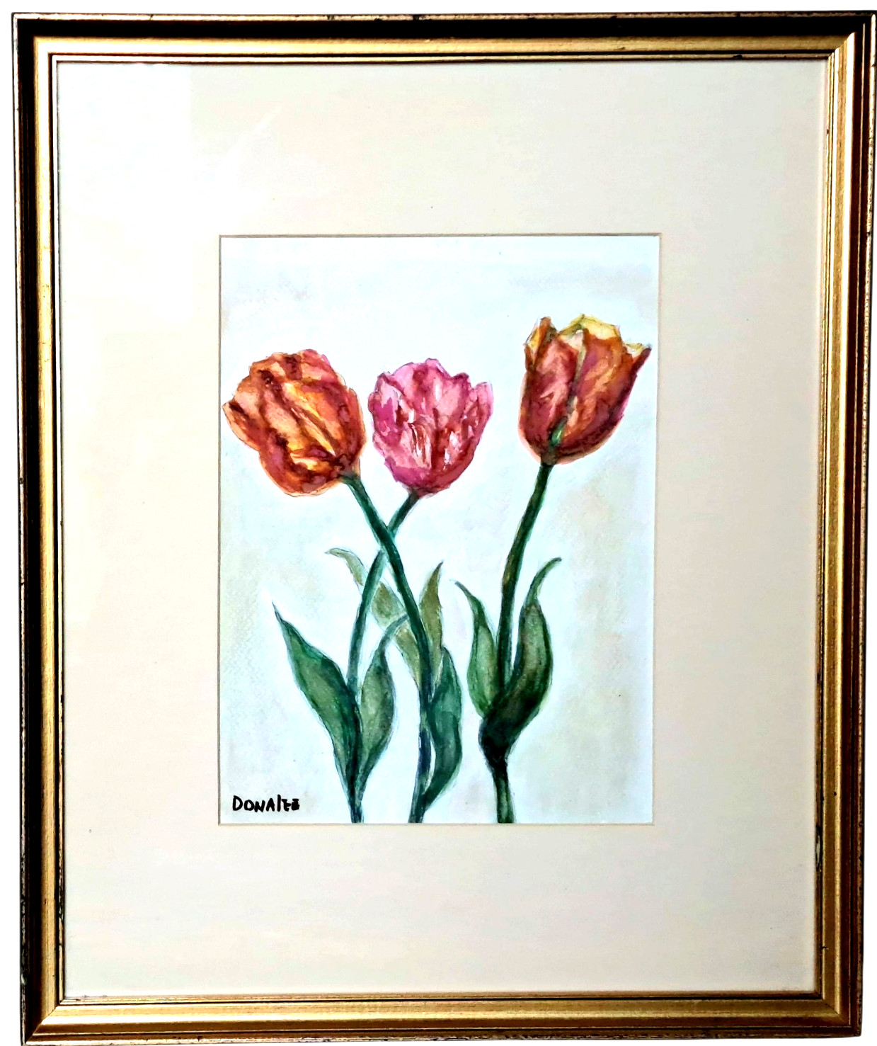 Original Botanical Watercolor Painting Orange – Pink Tulips in Frame by Donalee