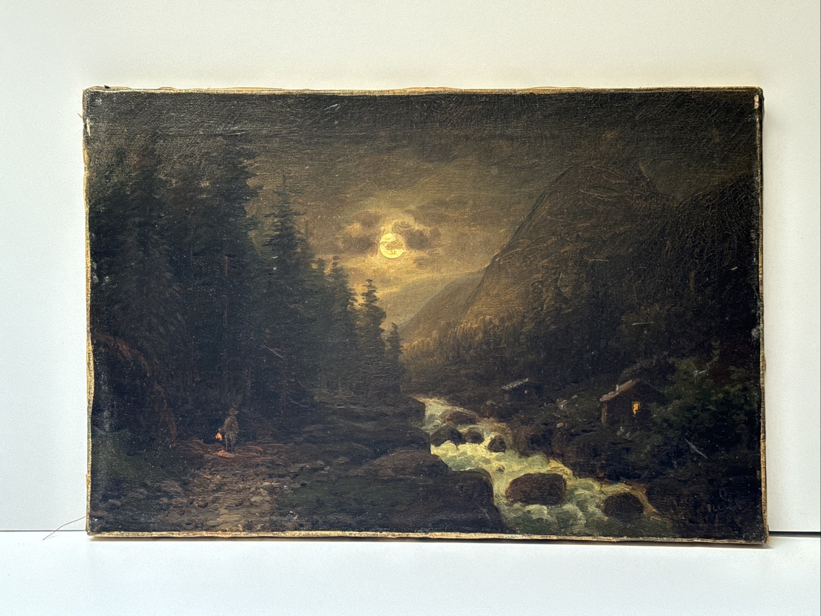 Antique Hudson River School Style Painting Signed Mystery 19th Century Night