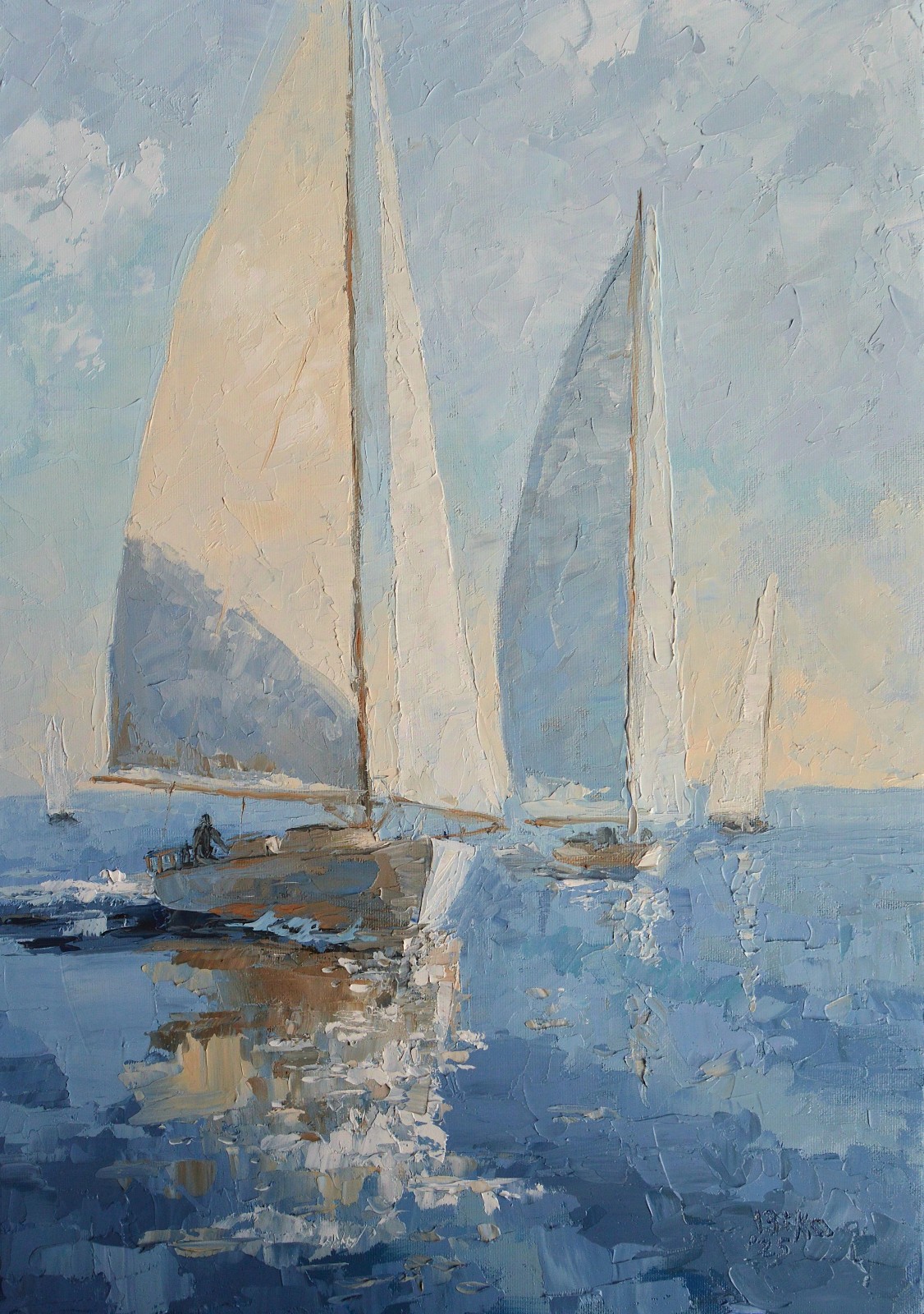 Sailing Boats Oil Painting Original Abstract Ocean Artwork Seascape