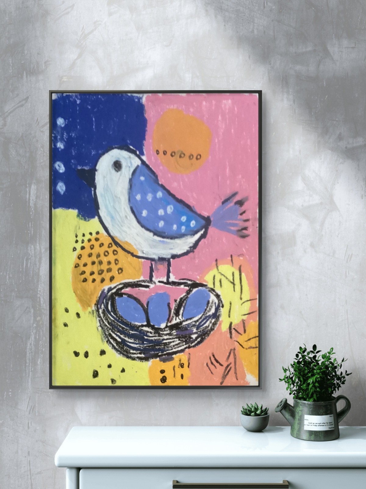 Abstract Colorful Expressionism Blue Eggs Bird Original Art 11×14 on Paper