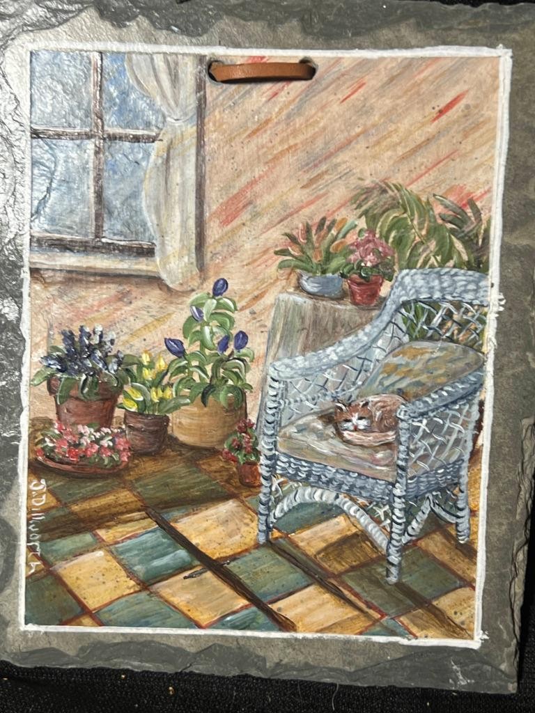 Vintage Original Art Oil Painting Wicker Chair Still Life Flowers Plants in Pots