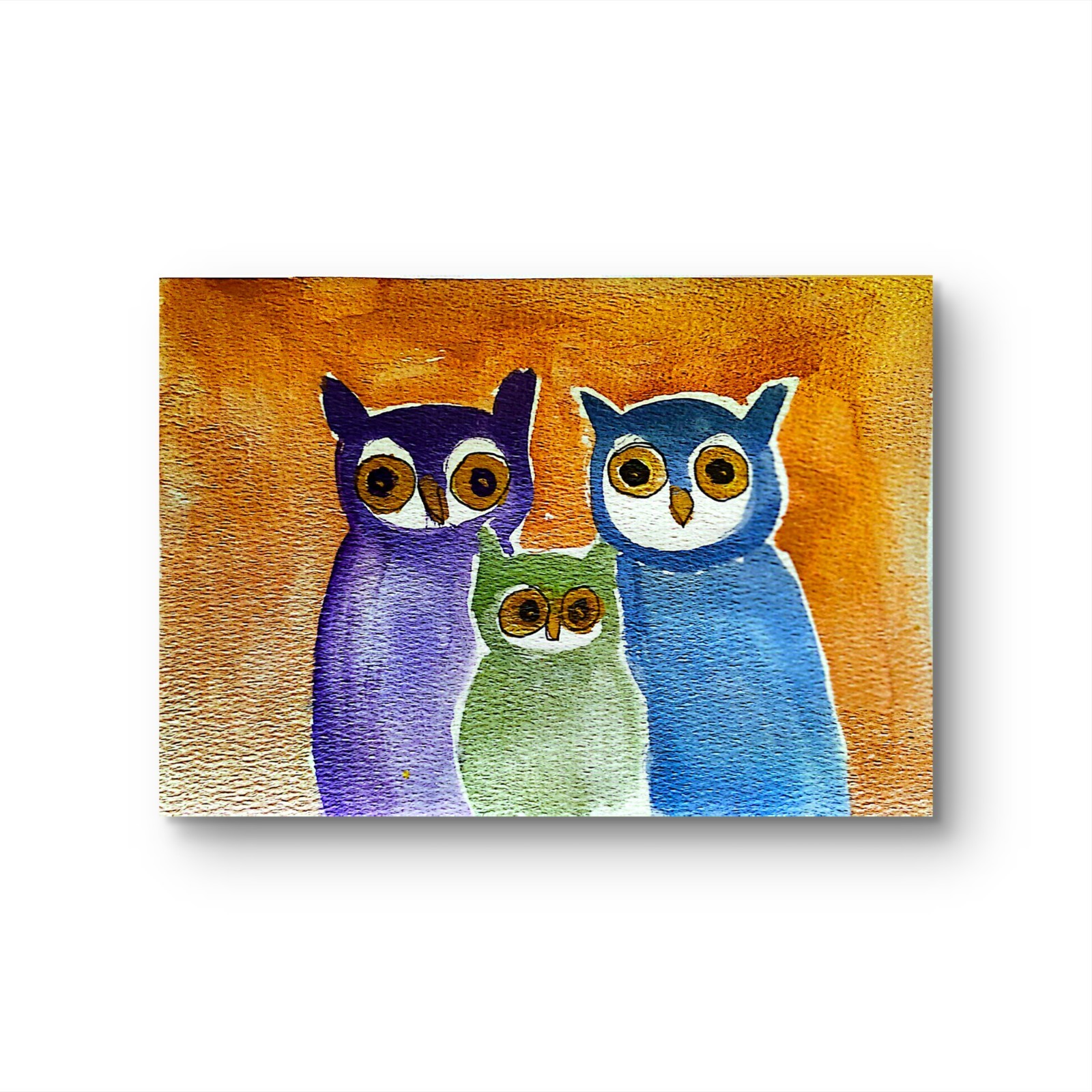 Owl Family Of Three Abstract Expressionist Original Watercolor Painting 5×7