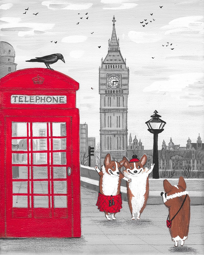 8×10 PRINT OF PAINTING RYTA CORGI TRIP TO LONDON BIG BEN CROW ENGLAND vacation