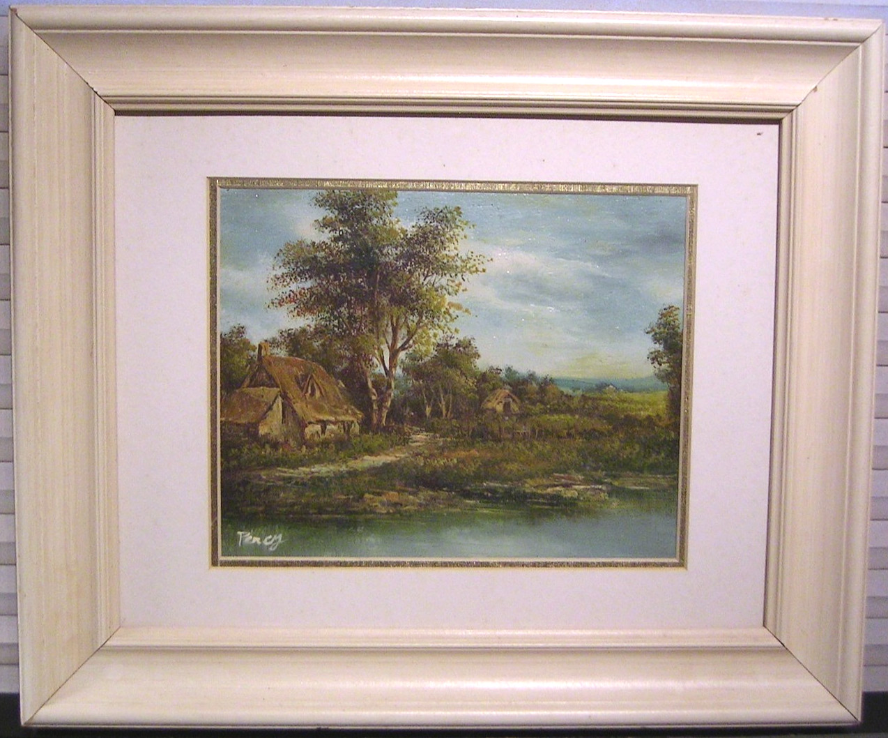 Vintage Oil Painting Cottage Landscape Framed Signed Percy