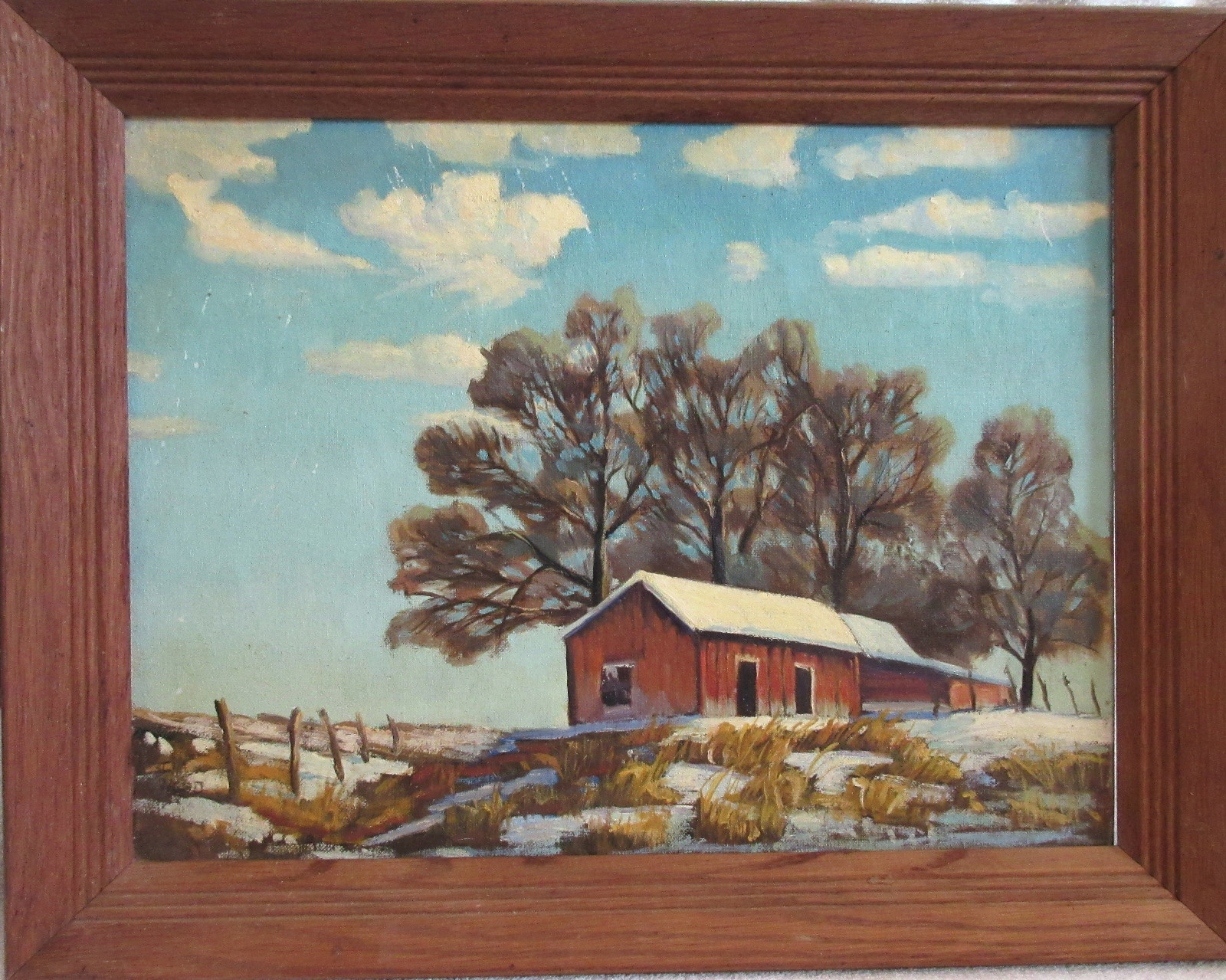 1964 Framed Oil Painting Rural Barn Winter Scene Landscape, Signed 19″x 15″
