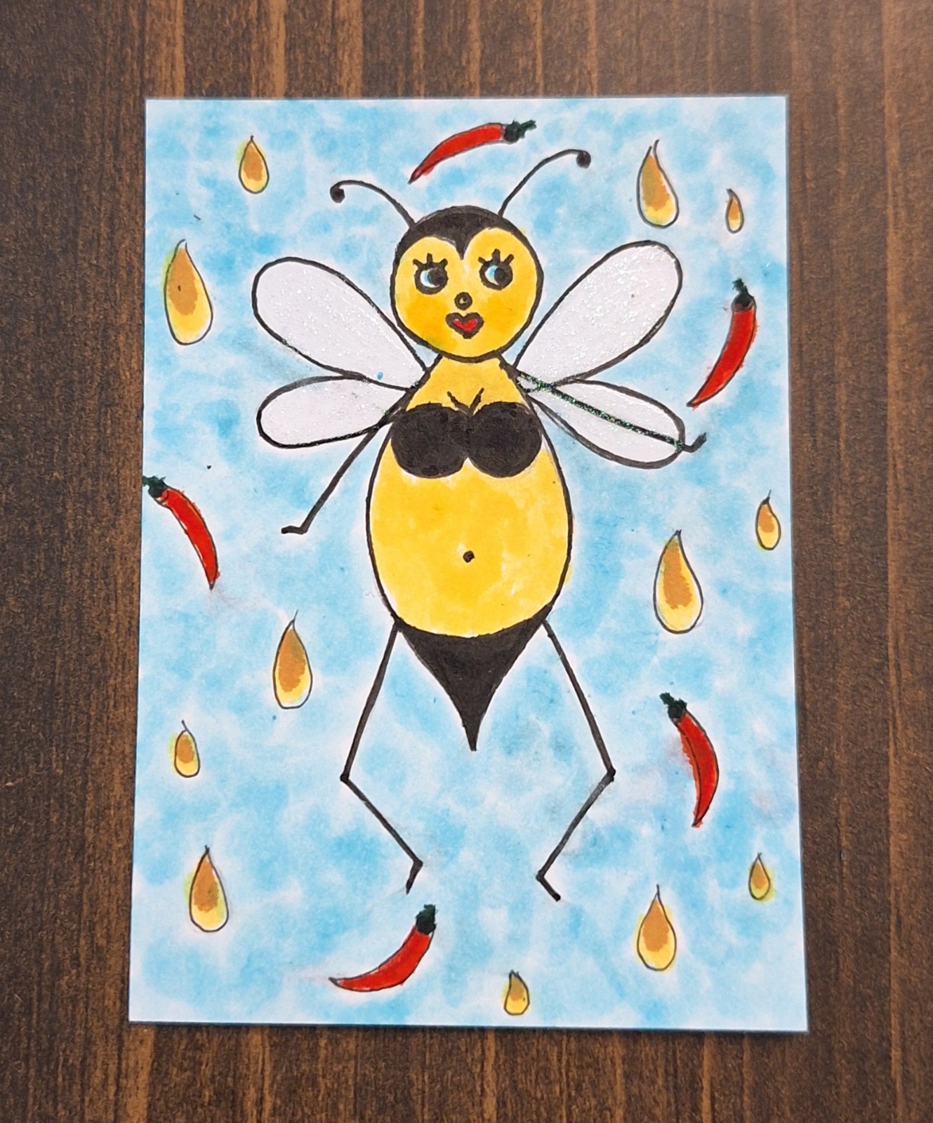 ACEO Original Hot Honey Bee Cartoon Watercolor Painting