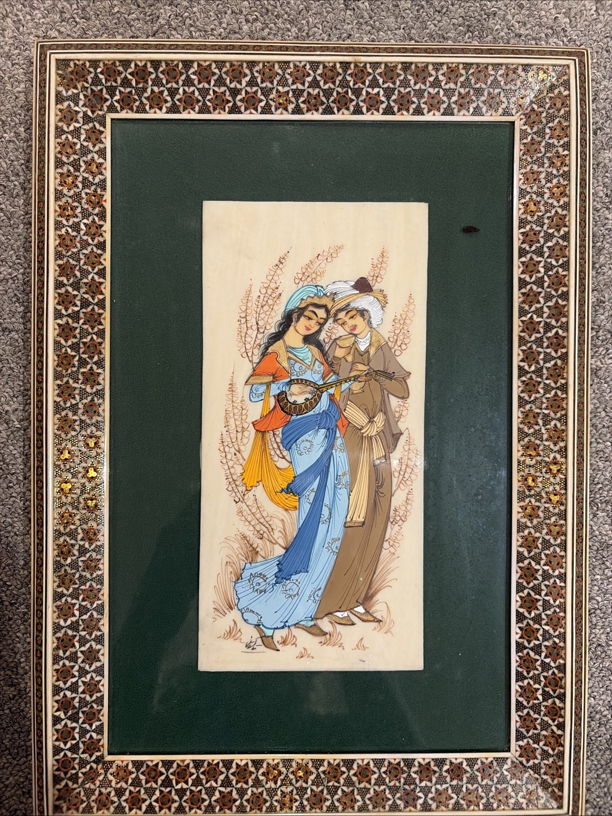 Persian Miniature Painting,Khatamkari mosaic frame, 10 “ x 12”, dark Green Mat