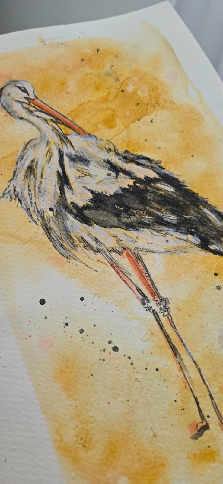 Original Artwork Stork Bird Mixed Media Art 9×12 Signed on Watercolor Paper
