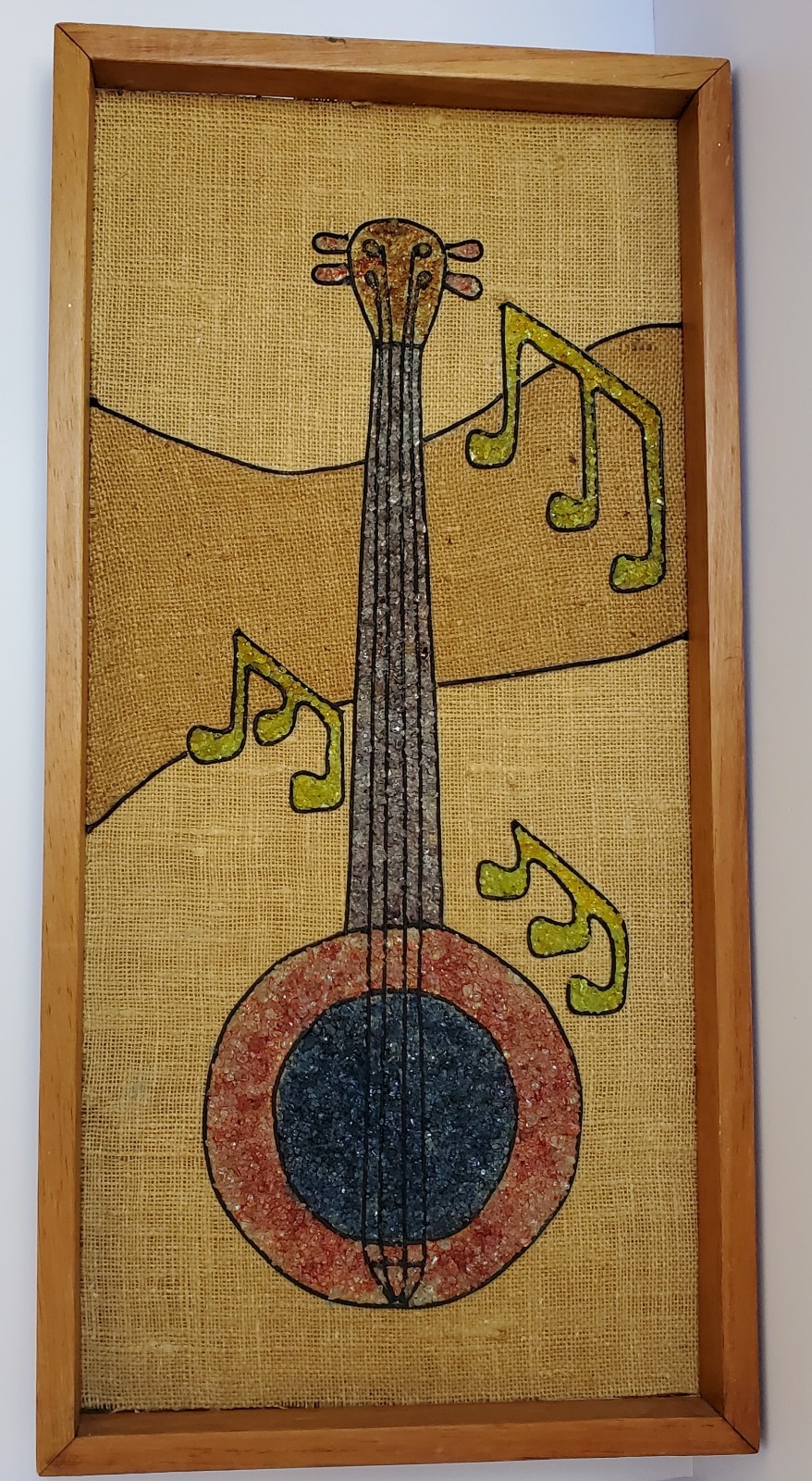 Vintage Musical Instrument Crushed Gemstone Painted Art on Burlap in Wood Box